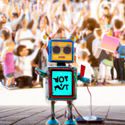 a chatbot holds a rally in a square with a crowd of human beings in front of it