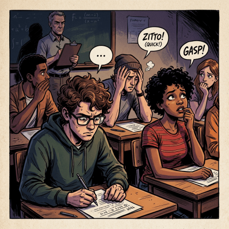 Stressed students taking a test while teacher monitors silently