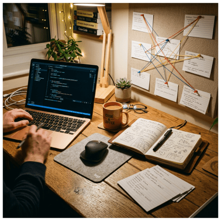 Workspace with laptop showing code editor, notebook with handwritten notes, coffee mug, and connected index cards on corkboard