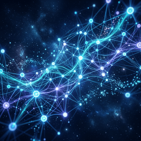 Glowing interconnected nodes and lines forming a digital network against a dark starry background
