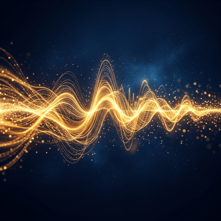 Glowing golden wave lines and particles on dark blue background