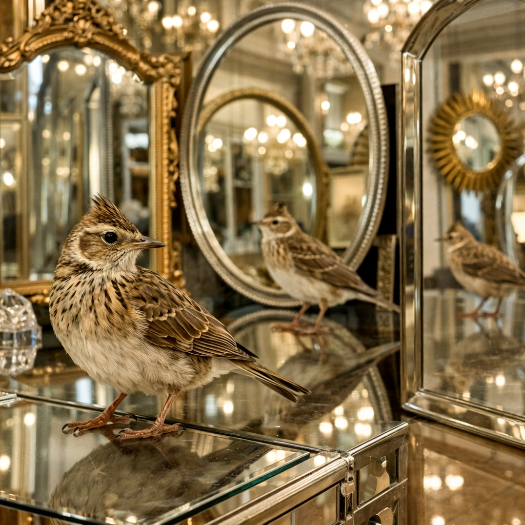 Small brown bird with striped feathers standing on glass with multiple mirror reflections